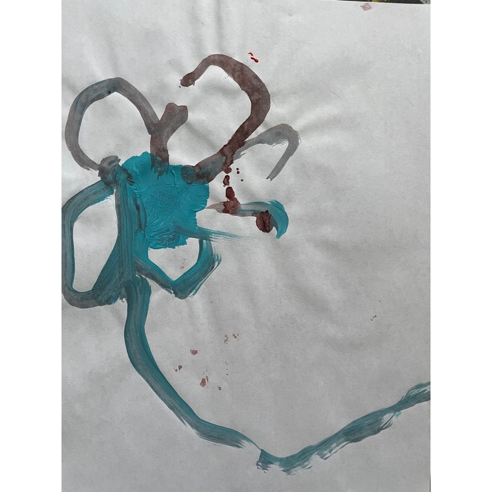 Original Abstract Flower Painting Teal Brown Modern Art 8.5x11 Expressionist